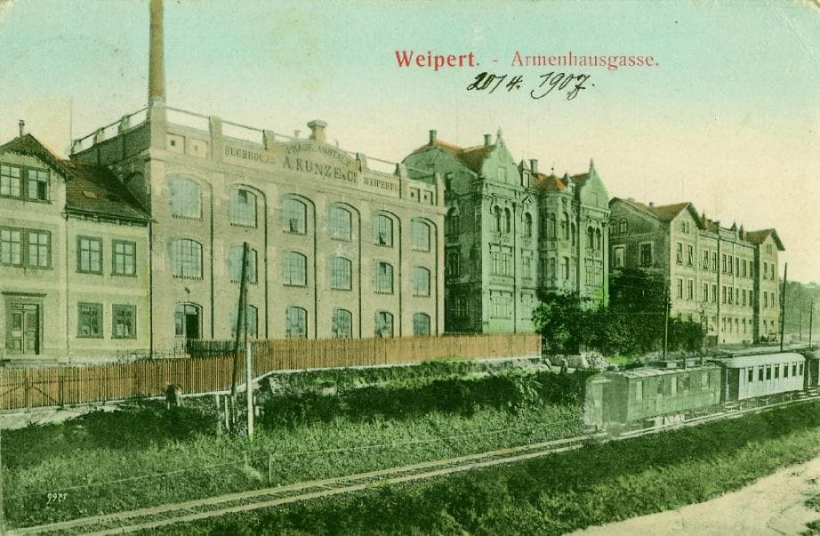 Weipert — Fabrikgebäude A. Kunze & Co, Armenhausgasse, farbige Ansichtskarte 1907