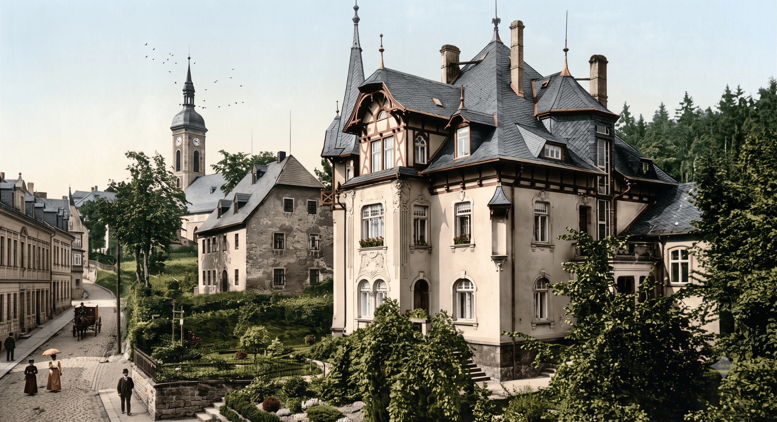 Weipert i.B. Annabergerstraße — Villa Schmidl mit Kirchturm, kolorierte Ansichtskarte